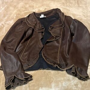 Joseph Ribkoff Chocolate Leather Jacket with Ruffles